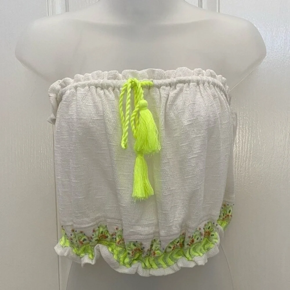 Free People Ivory Top with Neon Green Details
